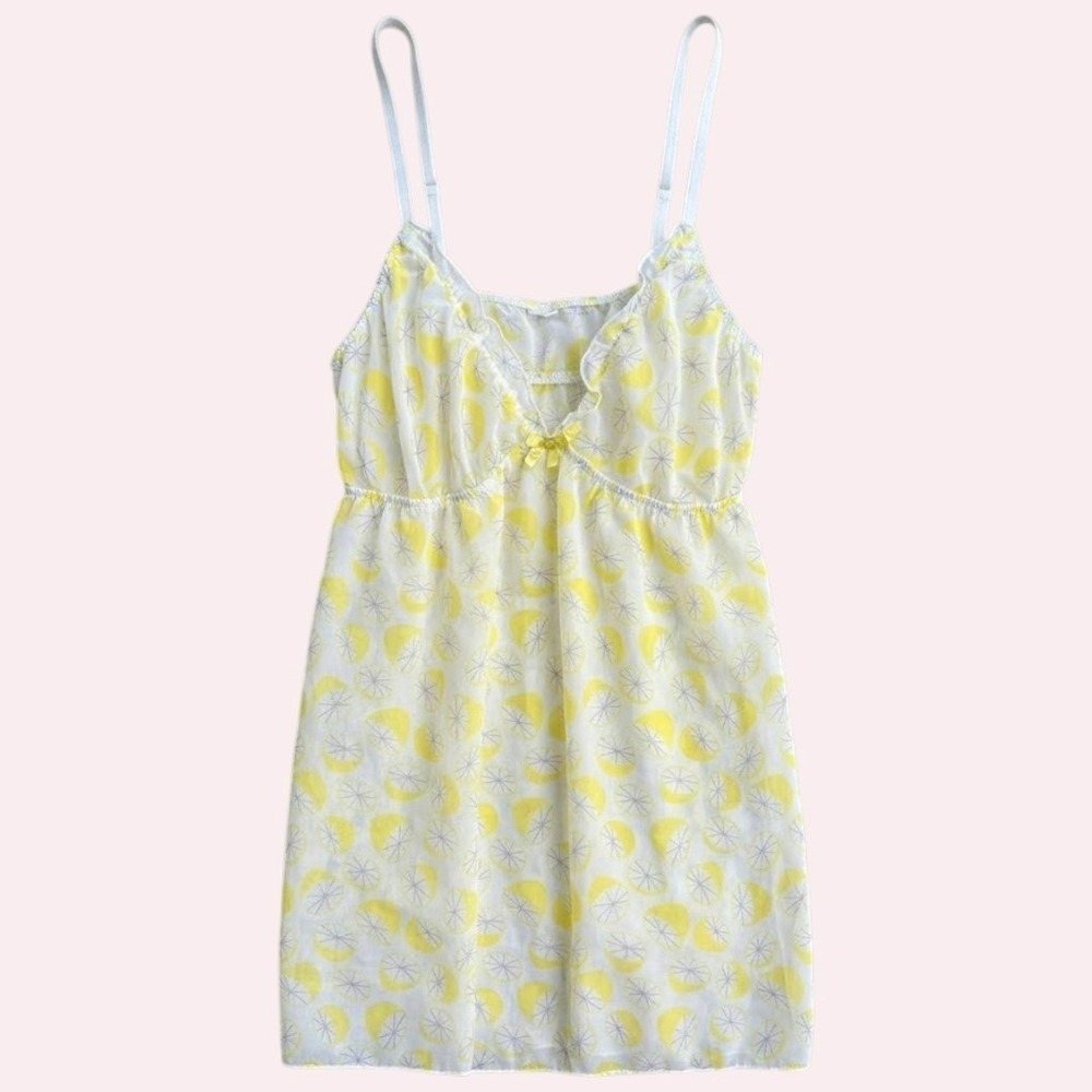 Lemon Print Sheer Babydoll Camisole Top Yellow White Ruffle Bow MEDIUM - Picture 1 of 8